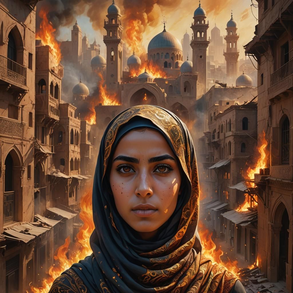 Young Middle Eastern Woman Ignites Rebellion in a Burning Ci...
