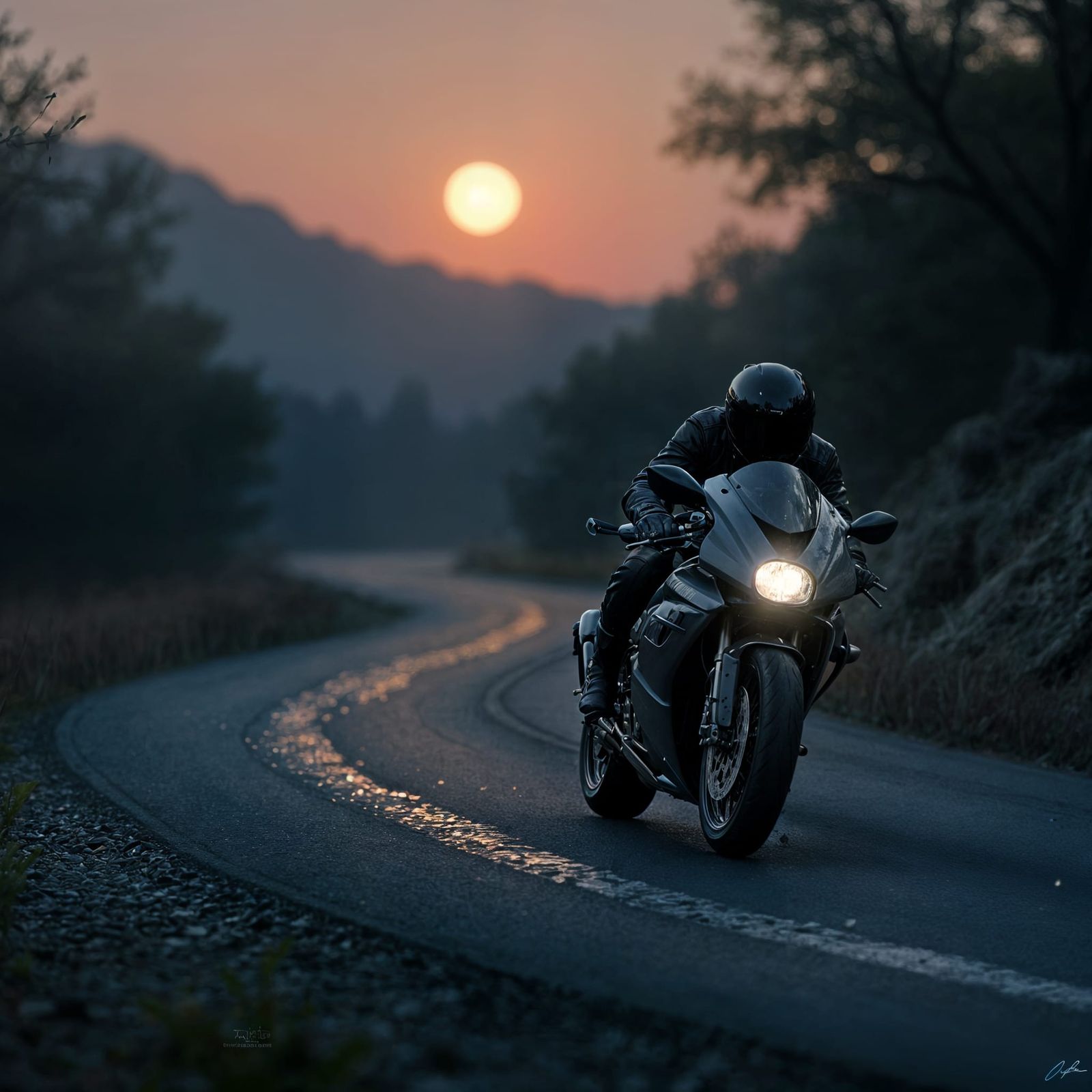Motorcycle Night Chase Under Pale Moonlight