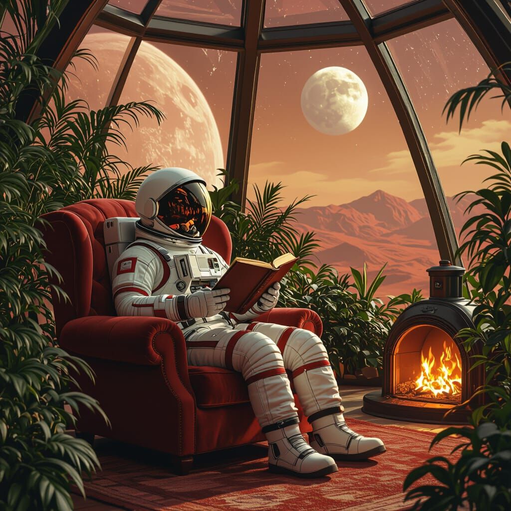 Astronaut Reading in a Martian Biodome