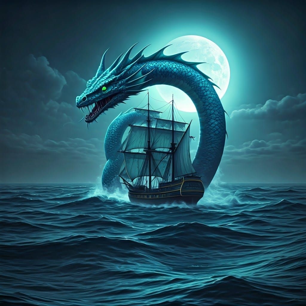 Majestic Sea Serpent Wraps Trading Vessel Under Ethereal Moo...