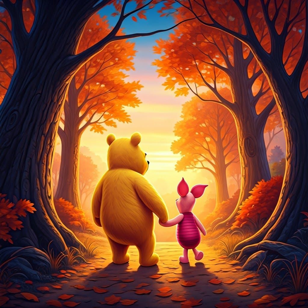 Pooh and Piglet in Autumn Landscape, Disney Style