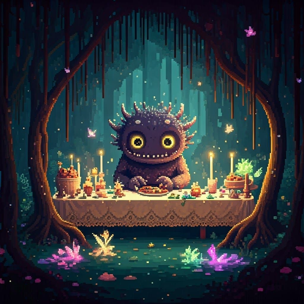 Pixel Art Monster with Fairies in Ethereal Forest