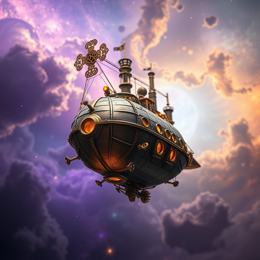 Steampunk Airship Radiates Wonder Amidst Cosmic Nebula