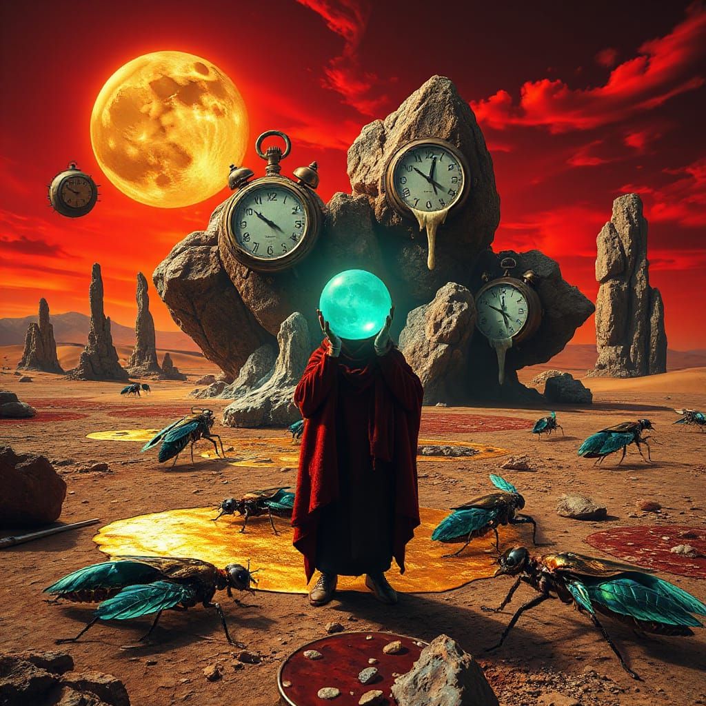 Surreal Desert Dreamscape with Merging Machine-Insect Beings