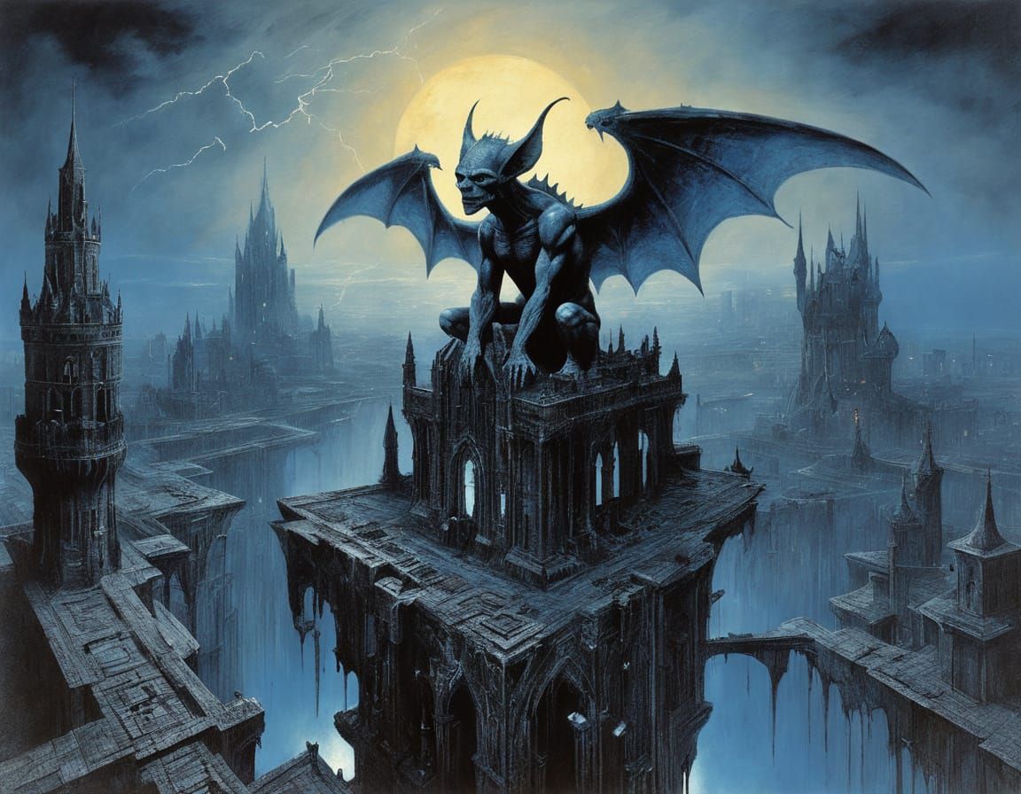 Cybernetic Gargoyle Overlooks Dark Fantasy Cityscape