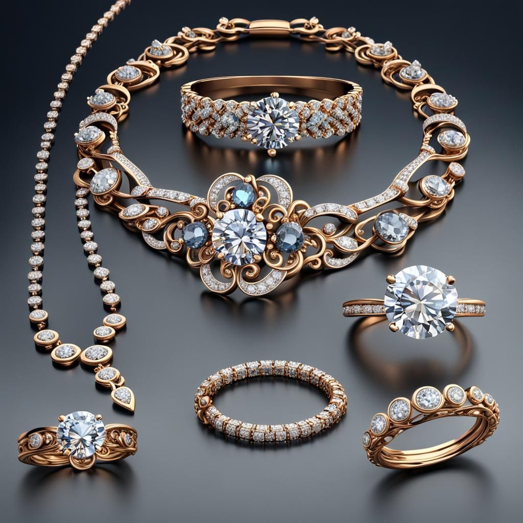 Diamond Jewellery Set: Necklace, Bracelet, Rings