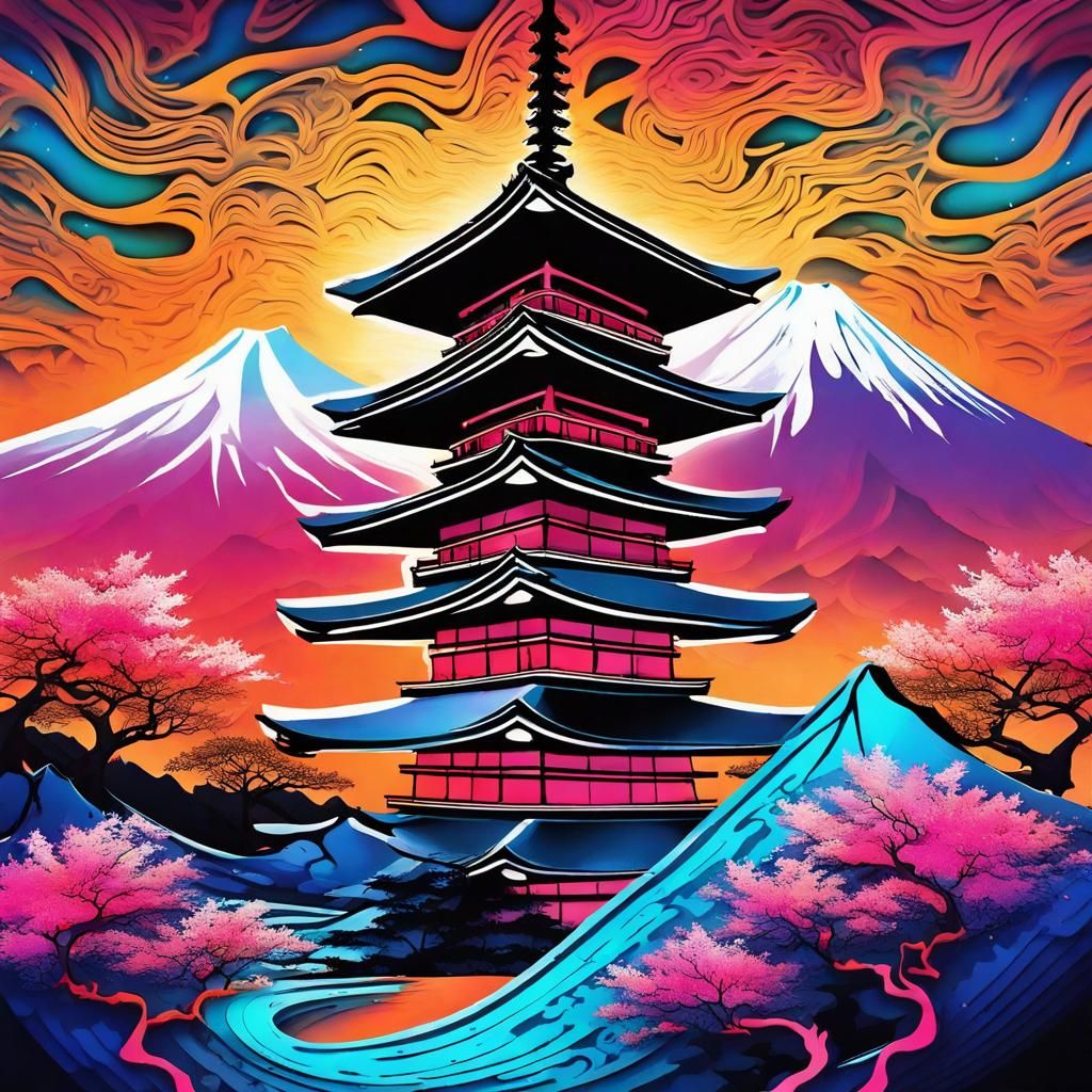 Pagoda and Mt. Fuji Sunset in Abstract Graffiti Style