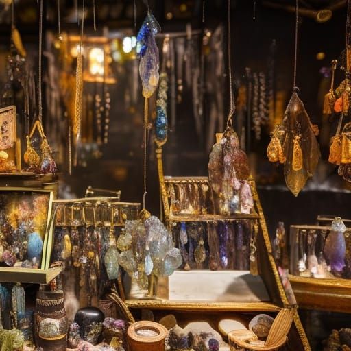 Eerie Steampunk Village Market Stall Selling Mystical Crysta...