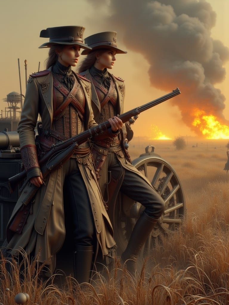 Civil War Soldiers Behind Cannon at Sunset