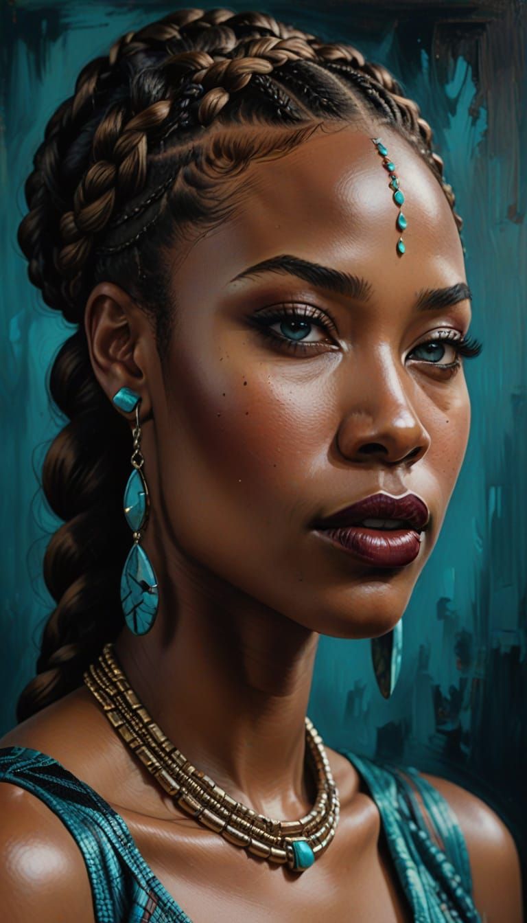 Young African Woman with Braided Hair in Vibrant Oil Paintin...