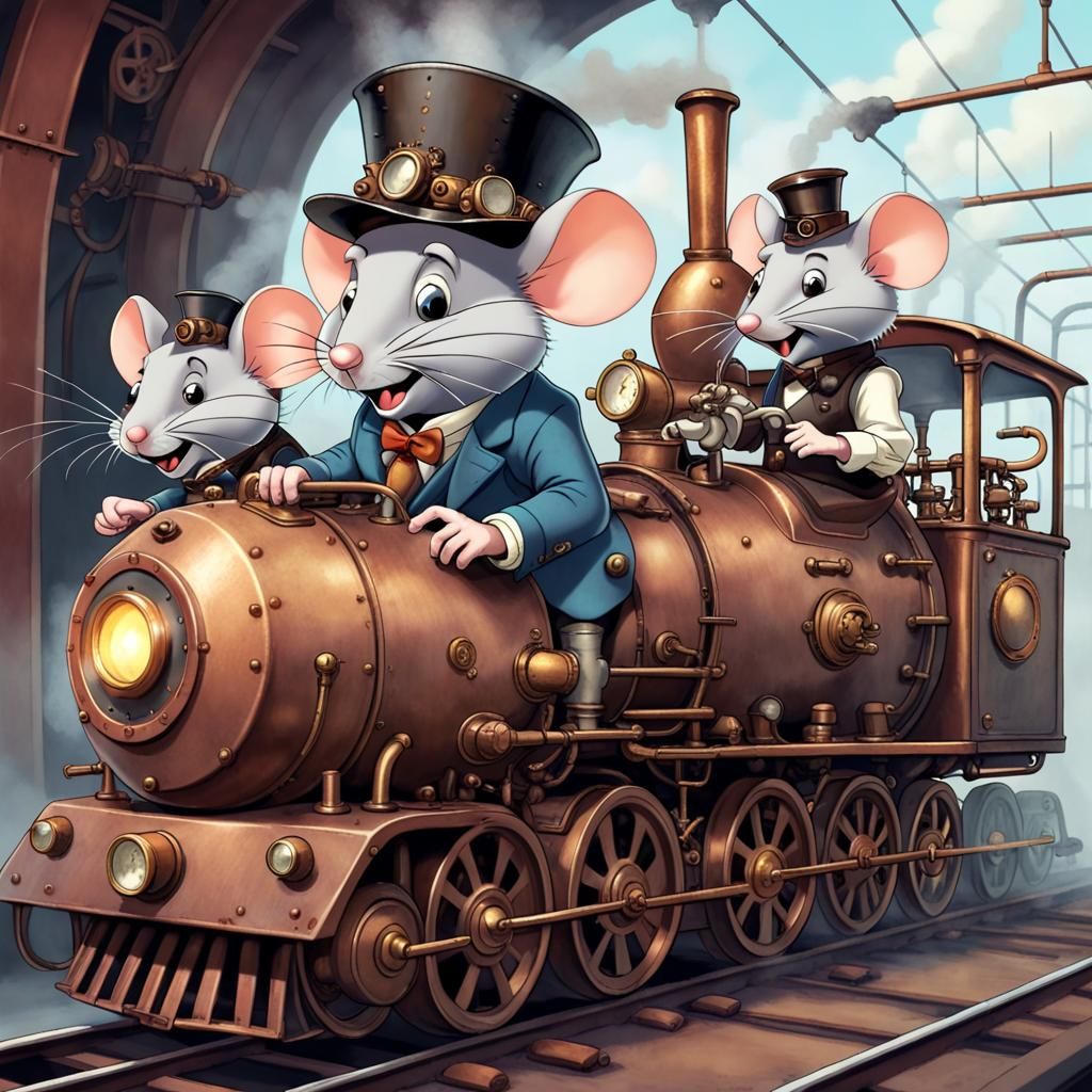 Steampunk Mice Driving a Train in Cartoon Style