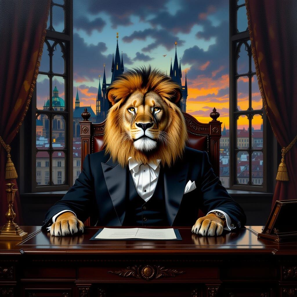 Lion President in Prague Castle Office, Oil Painting Style