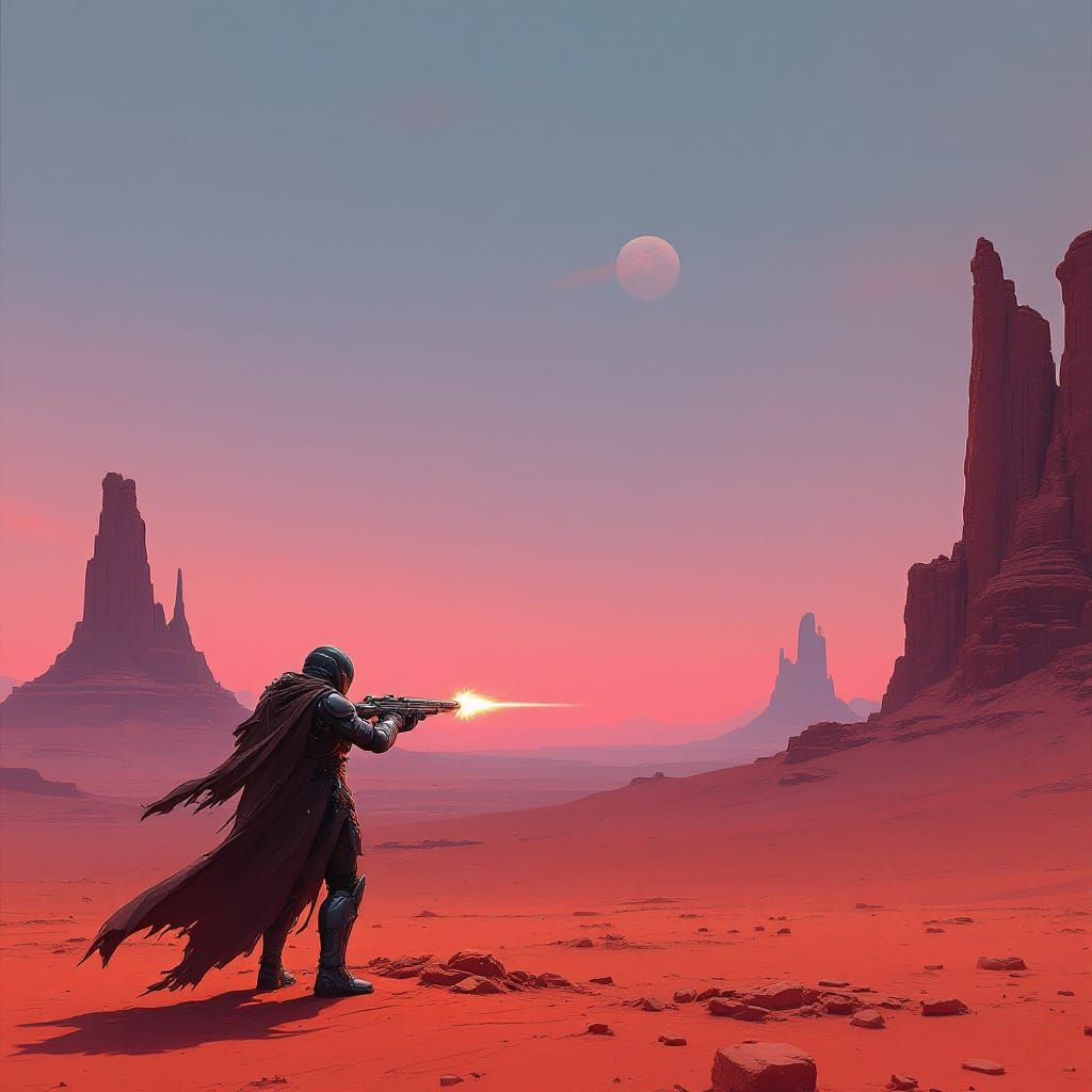 Futuristic Warrior on Alien Desert in John Harris Style