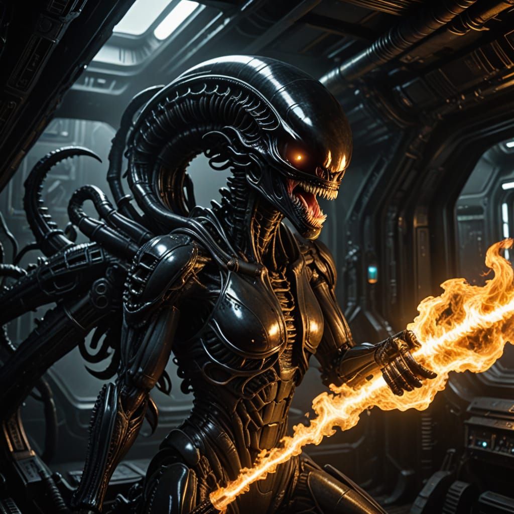 Glossy Alien Xenomorph in Dark Spaceship