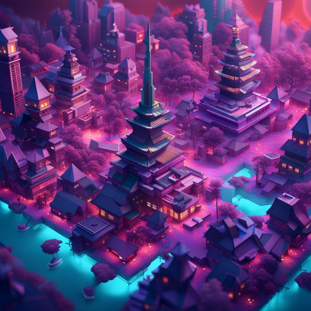Origami City in Vaporwave Style, Detailed Matte Painting