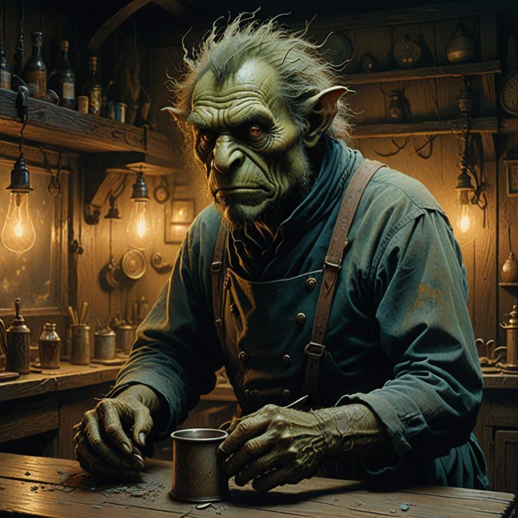 Surreal Fantasy Troll Bartender in a 19th-Century Pub