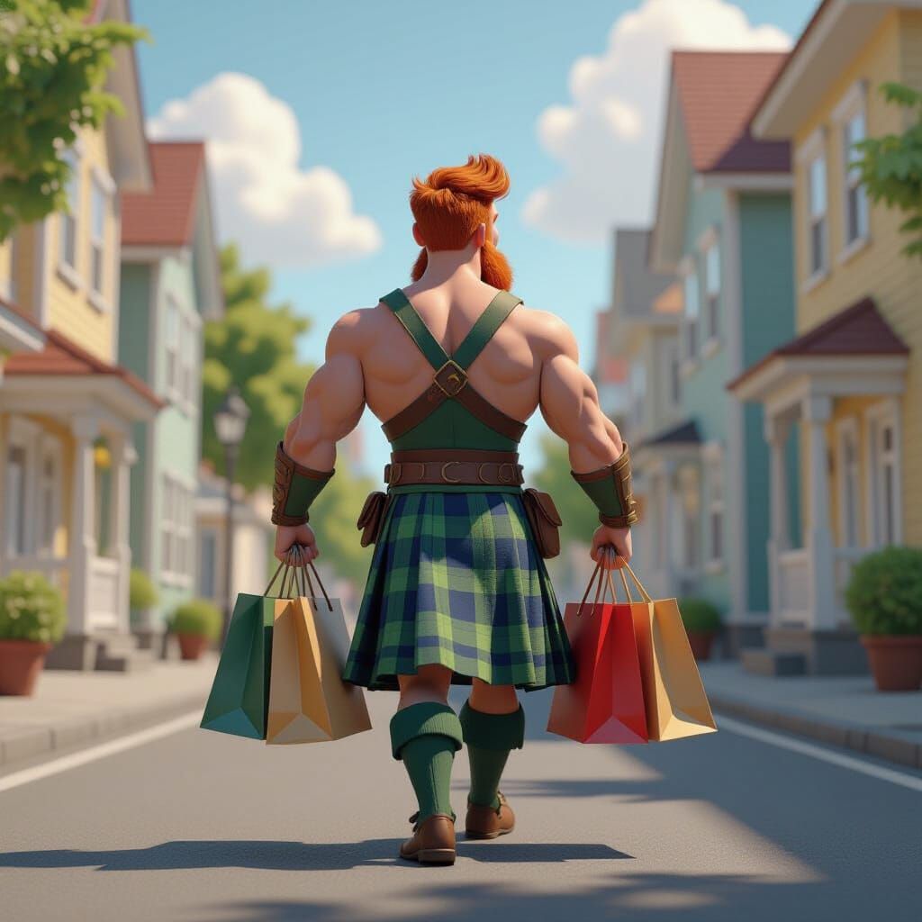 Man in Kilt Walks on Sunny Street: Pixar Style