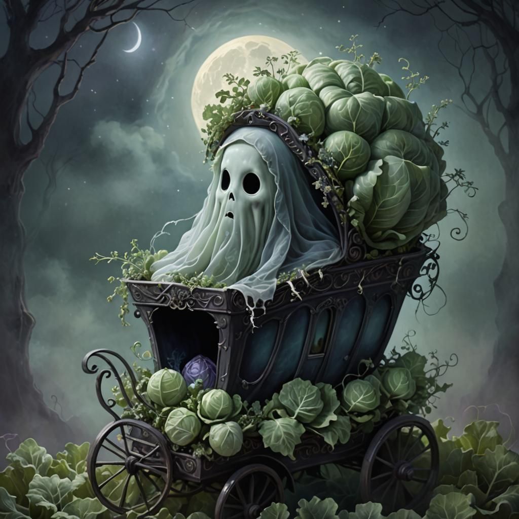 Ghost in Cabbage Carriage: Pastel Gothic Halloween Art