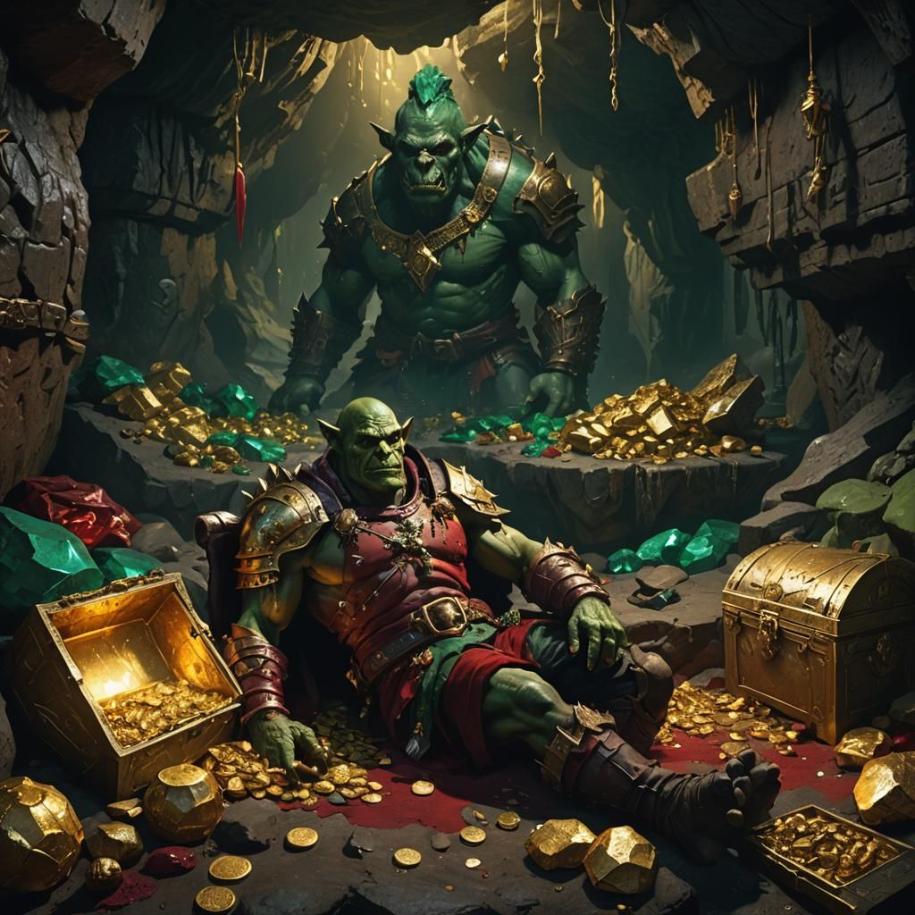 Dead Orc in Gold Cave: Dark Fantasy Art