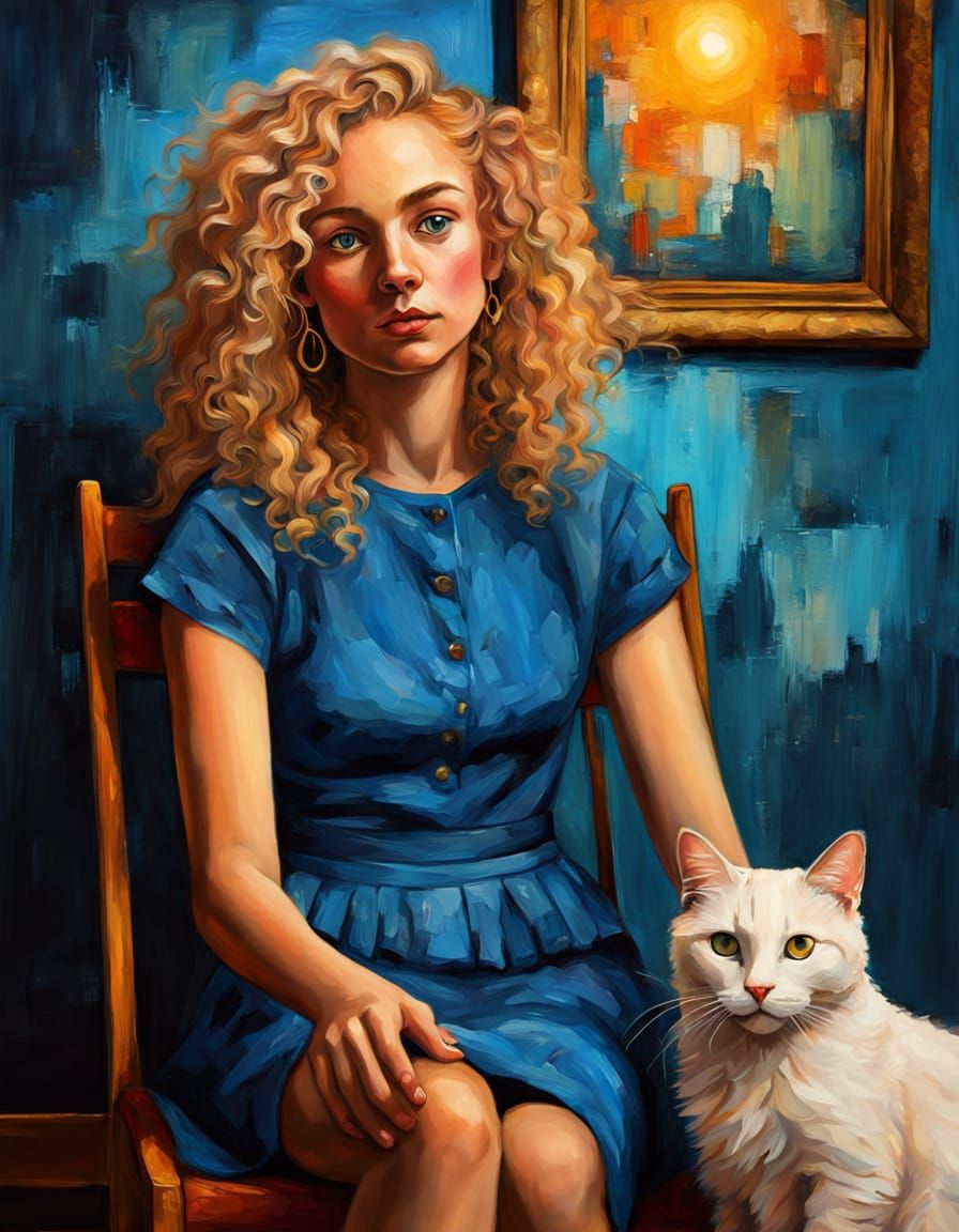Woman and Cat Portrait Oil Painting