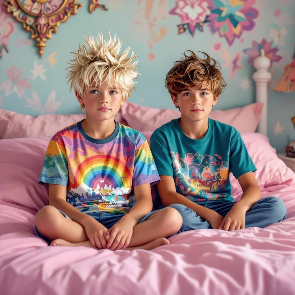 Boys on Bed with Rainbow T-Shirt in Matte Painting Style