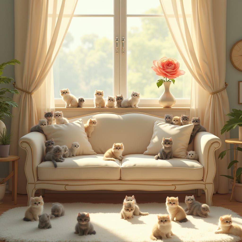 Whimsical Dream Room with Tiny Kittens and Vibrant Blooms in...