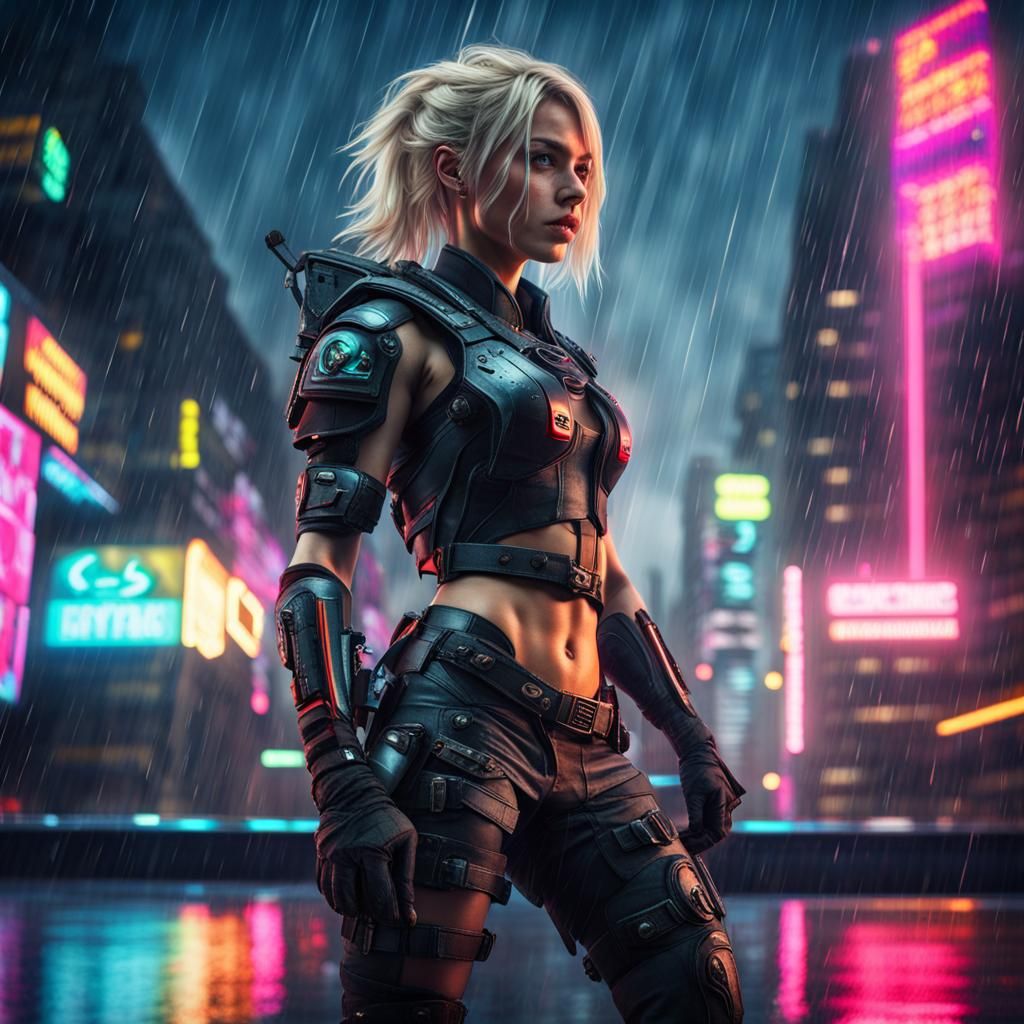Cyberpunk Warrior in Rainy Futuristic Cityscape