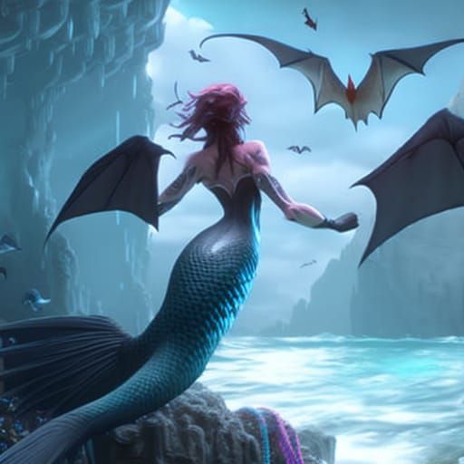 Fantasy Mermaid Bat Hybrid in Ocean Setting