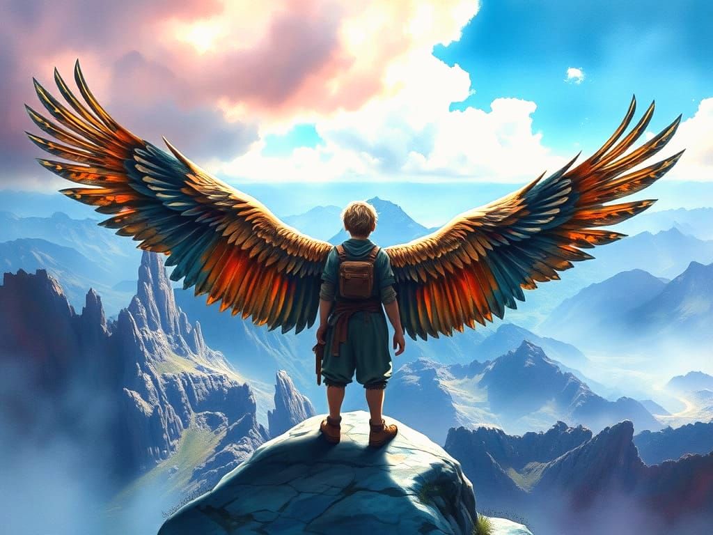 Handsome Man With Eagle Wings On Mountain Top