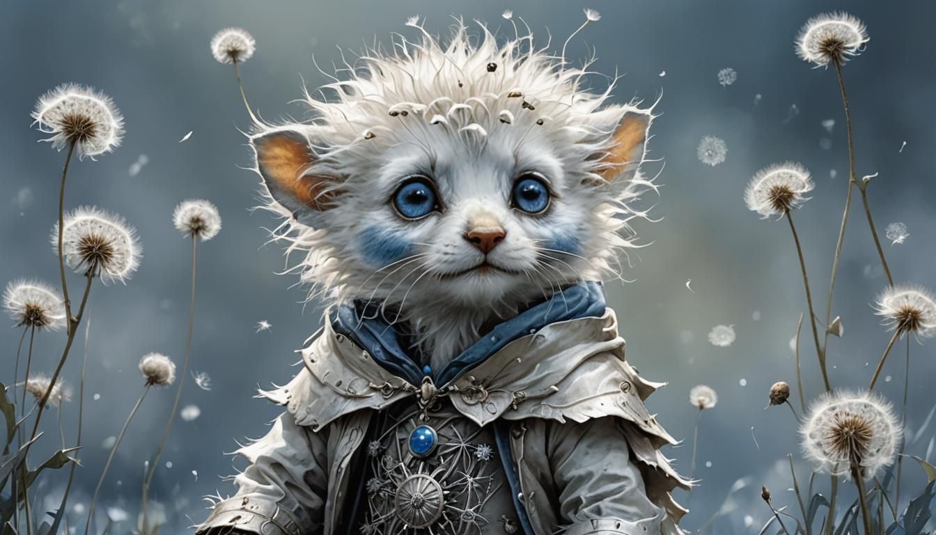 Silver Dandelion Creature in Illustrative Style