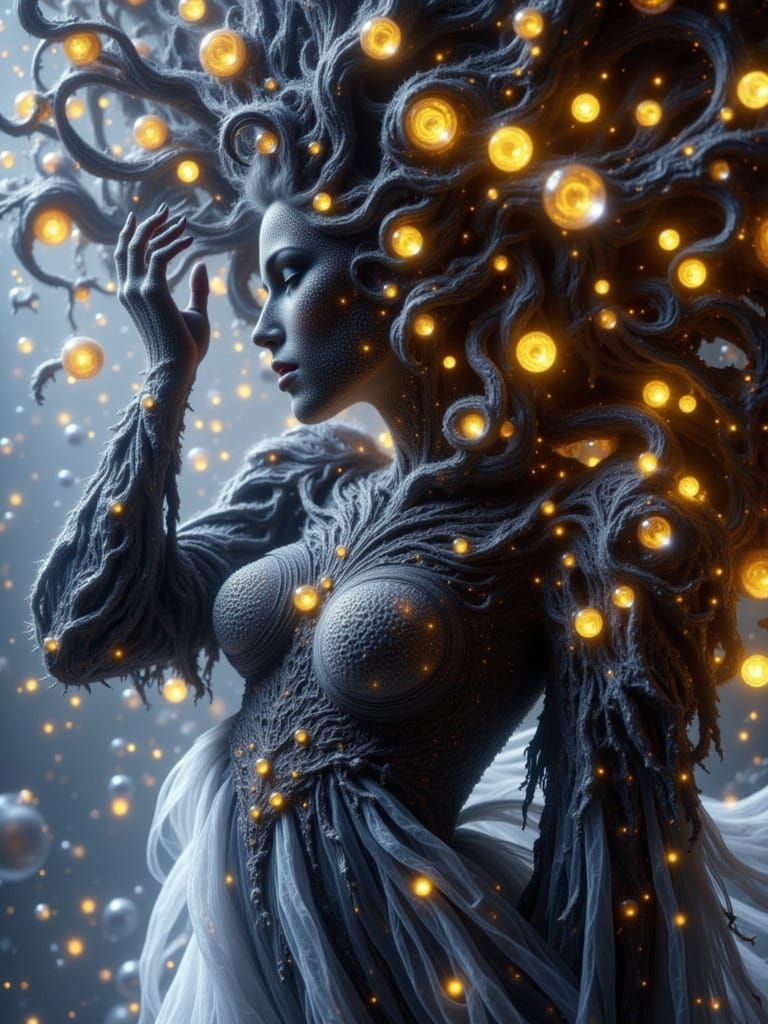 Woman with Swirling Thoughts in Futuristic Style