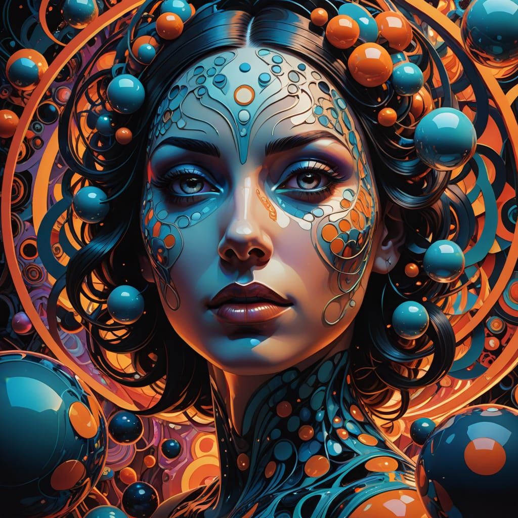 Surrealistic Goddess of Geometry in Vibrant Cosmic Spheres
