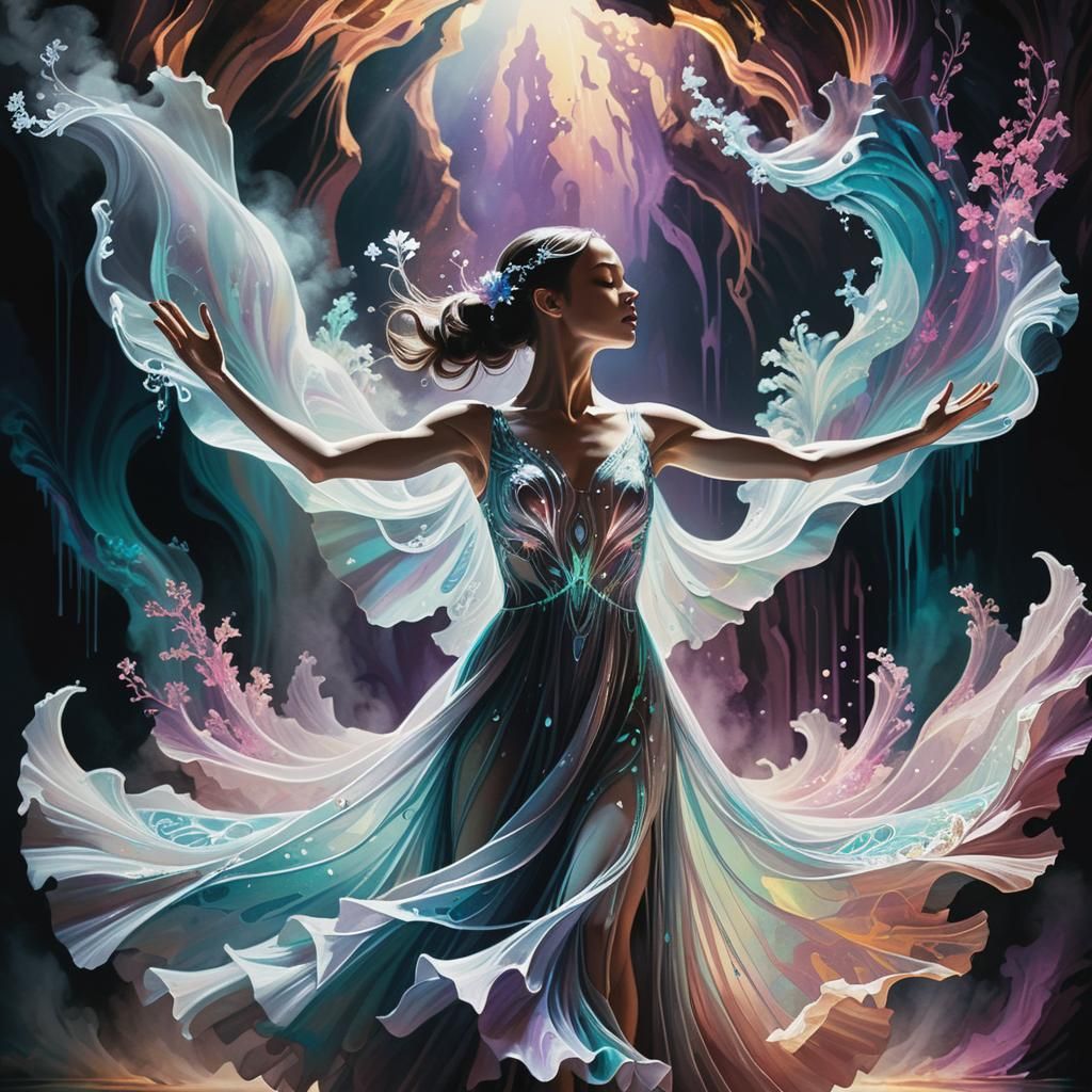 Bioluminescent Dancer in Flowery Crystal Cavern