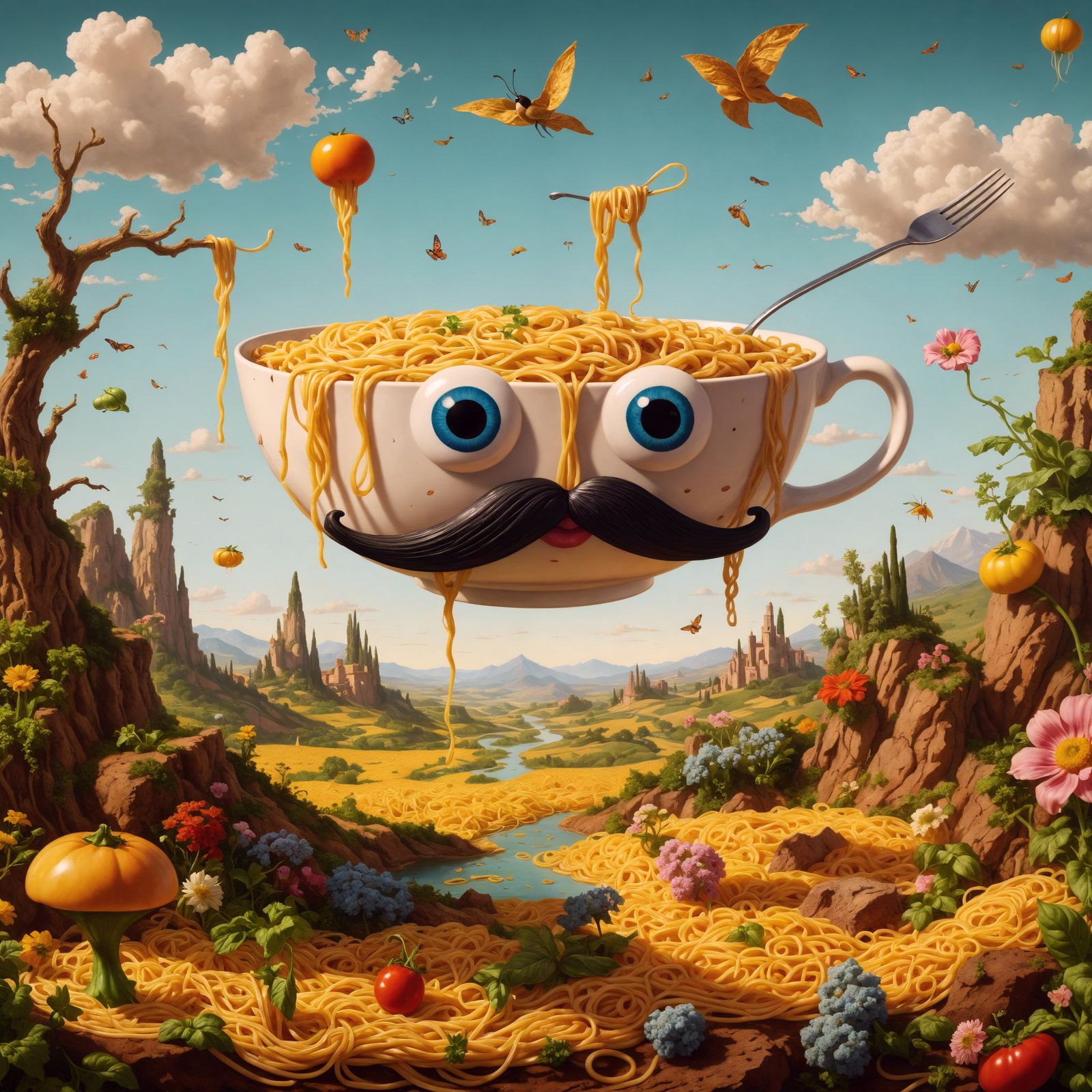 Animated Spaghetti Bowl in Surreal Dreamscape Painting