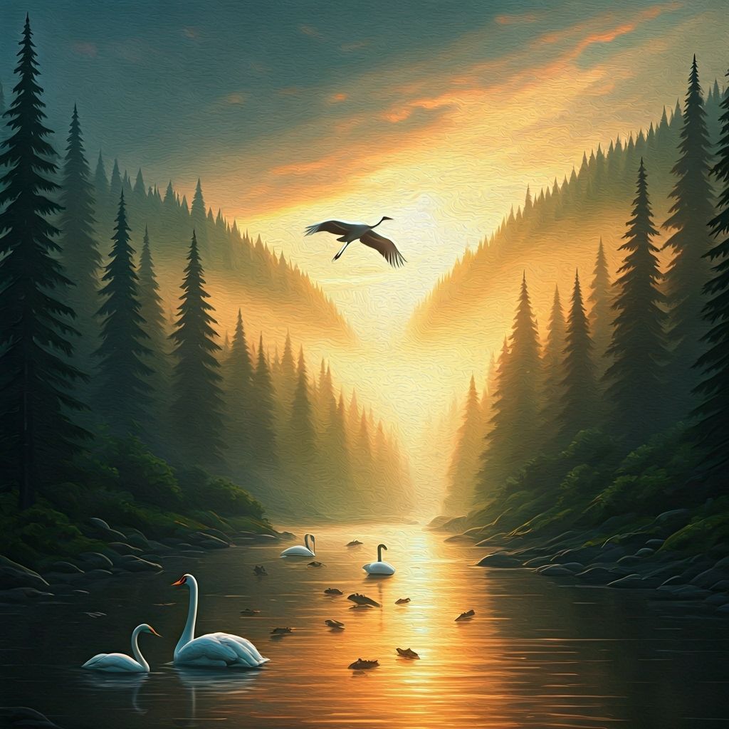 Misty Autumn Woods Landscape with Crane and Swans