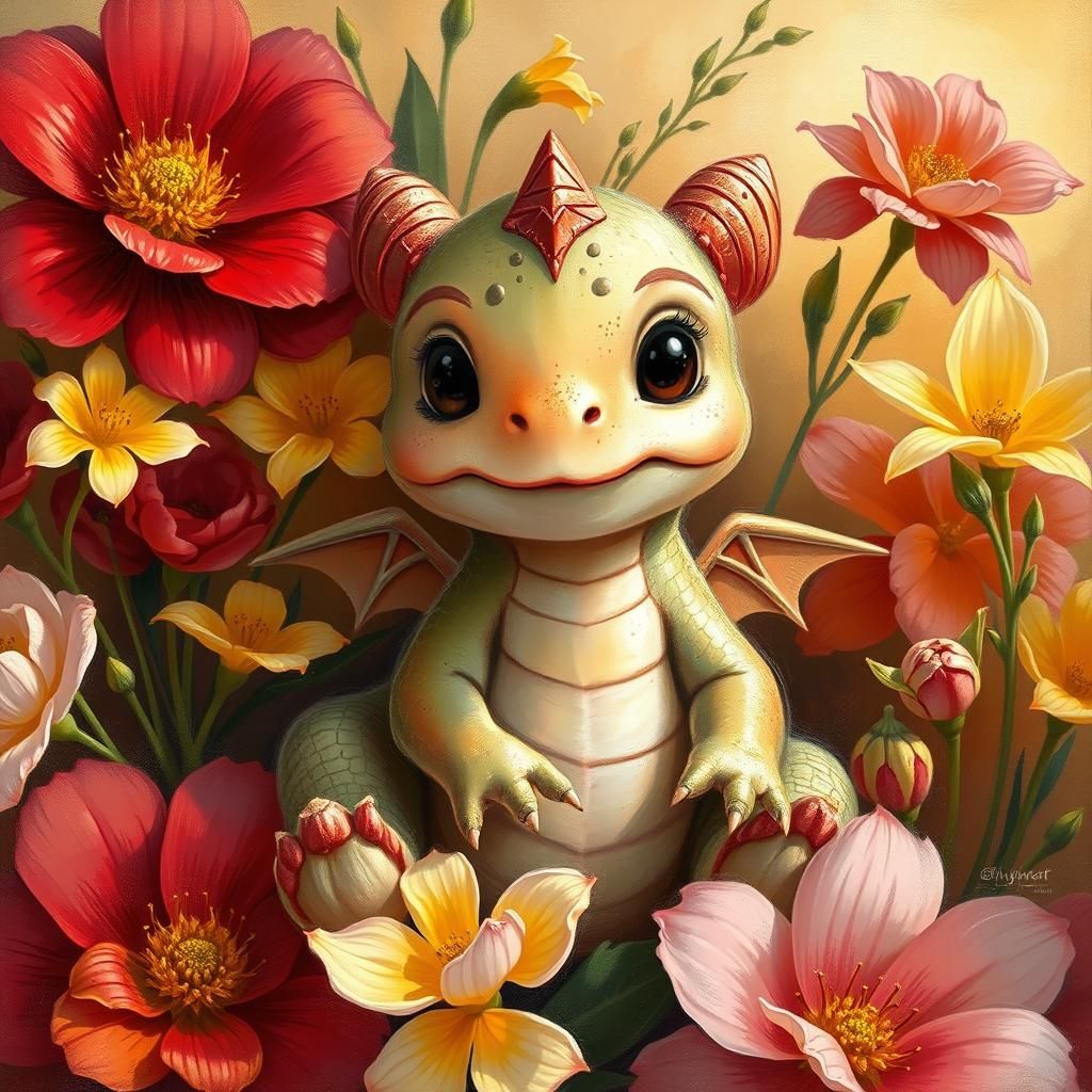 Baby Dragon in Flowers, Impressionist Style