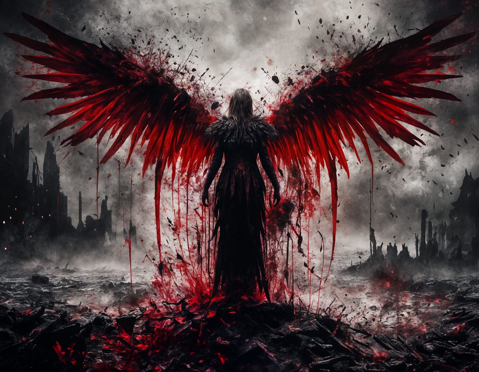 Fierce Angel with Crimson Wings on Battlefield
