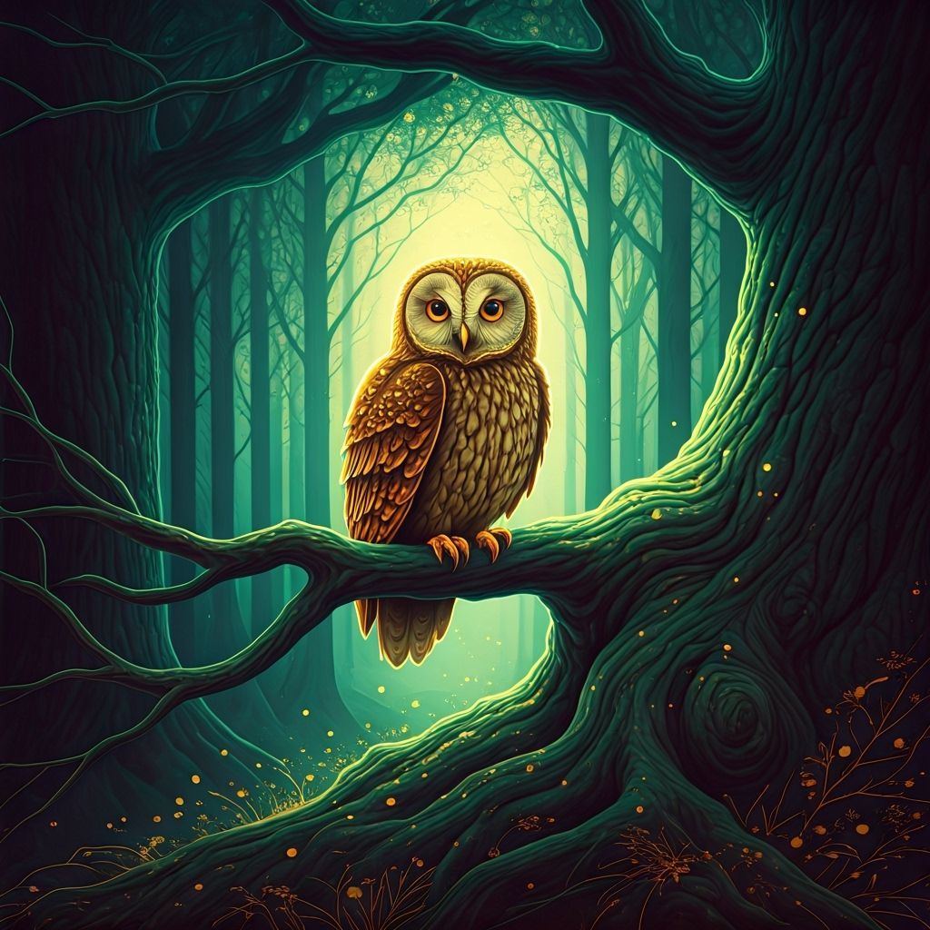 Neon Owl in Enchanted Forest, Watercolour Ink Splash Art