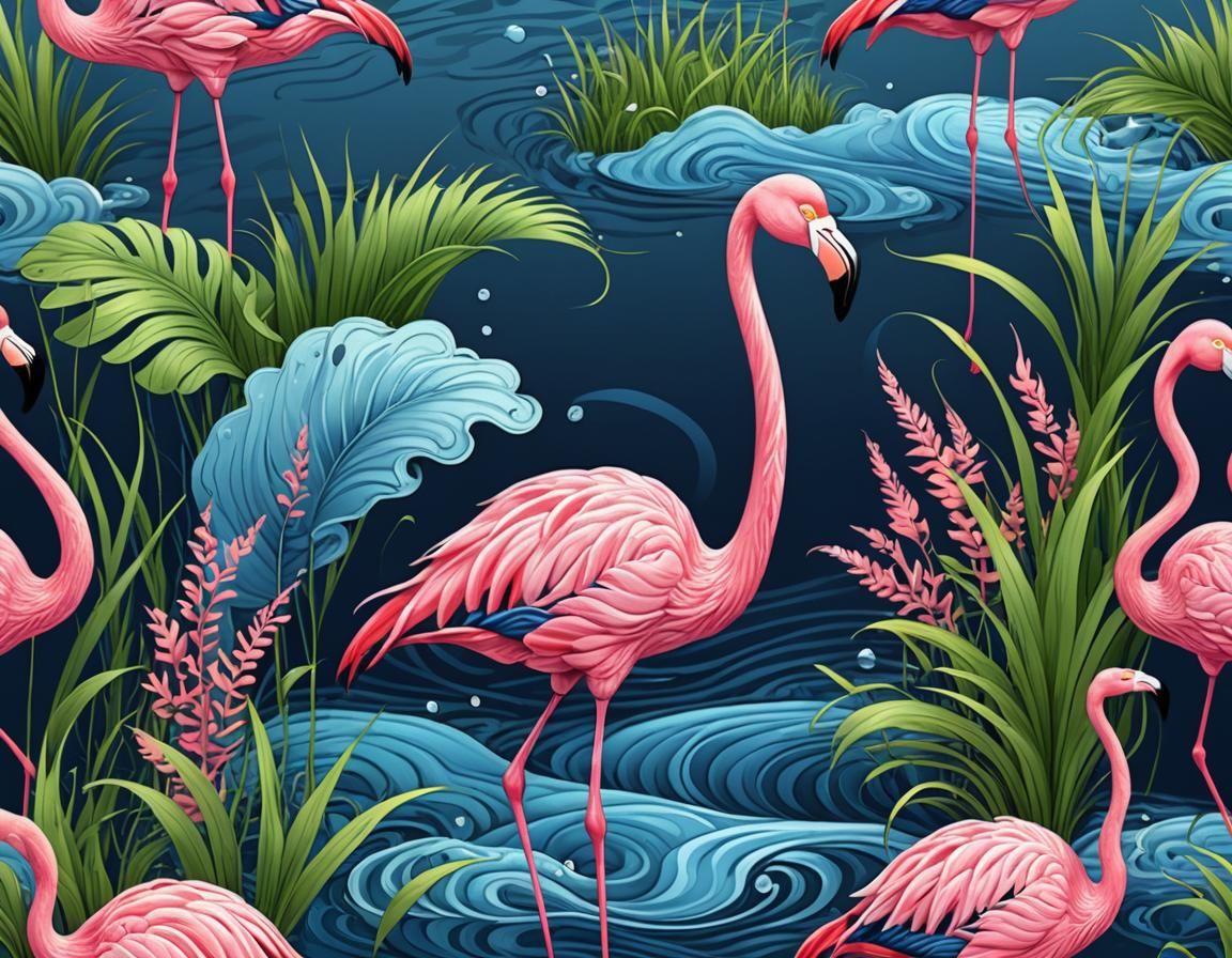 Pink Flamingos in Blue Water with Greenery