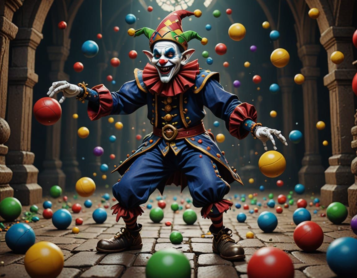 Jester's Whimsical Ball Juggling Scene in Vibrant Fantasy Wo...