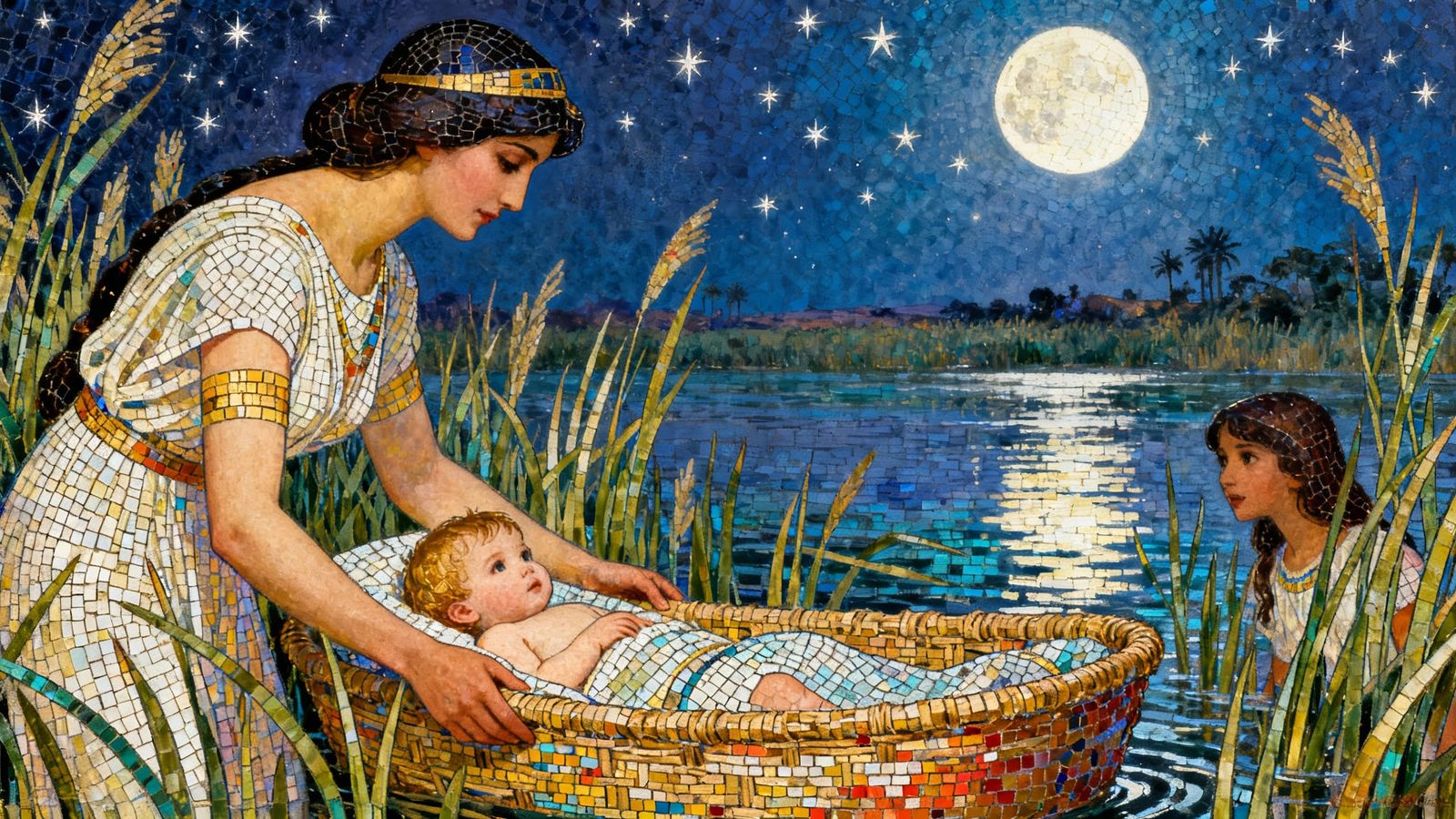 Jochebed Places Baby Moses in Basket by Nile River