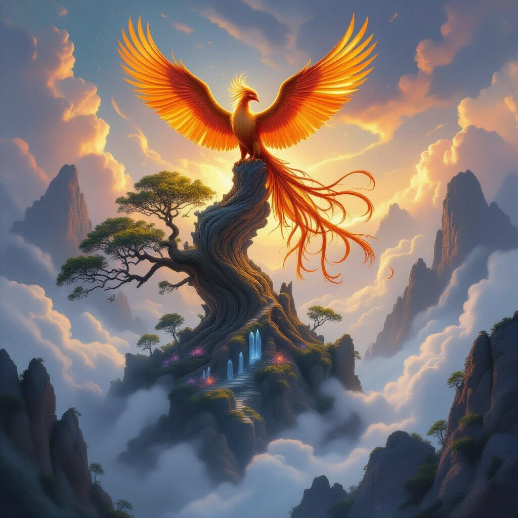 Majestic Phoenix on Ancient Tree in Ethereal Sky Island