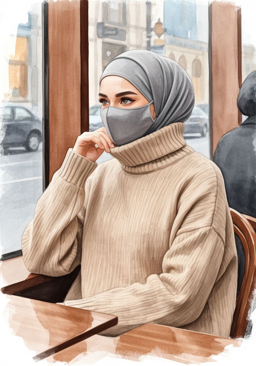 Hijabi Woman in Cozy Cafe Watercolor Painting