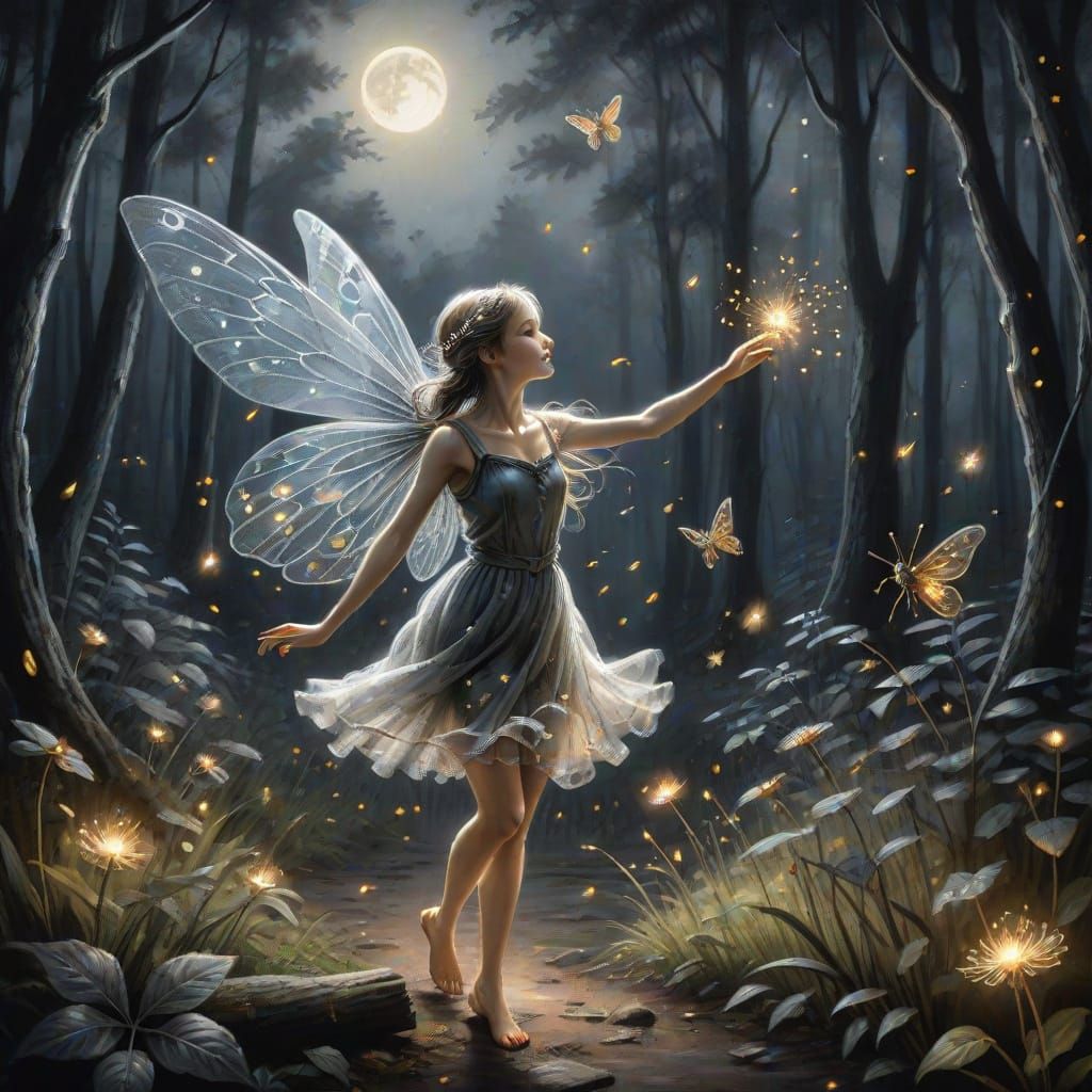 Fairy Dancing in Enchanted Woods with Fireflies