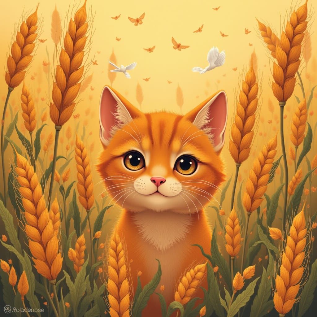 Fluffy Cat in Rippling Wheat Field, Fantasy Illustration