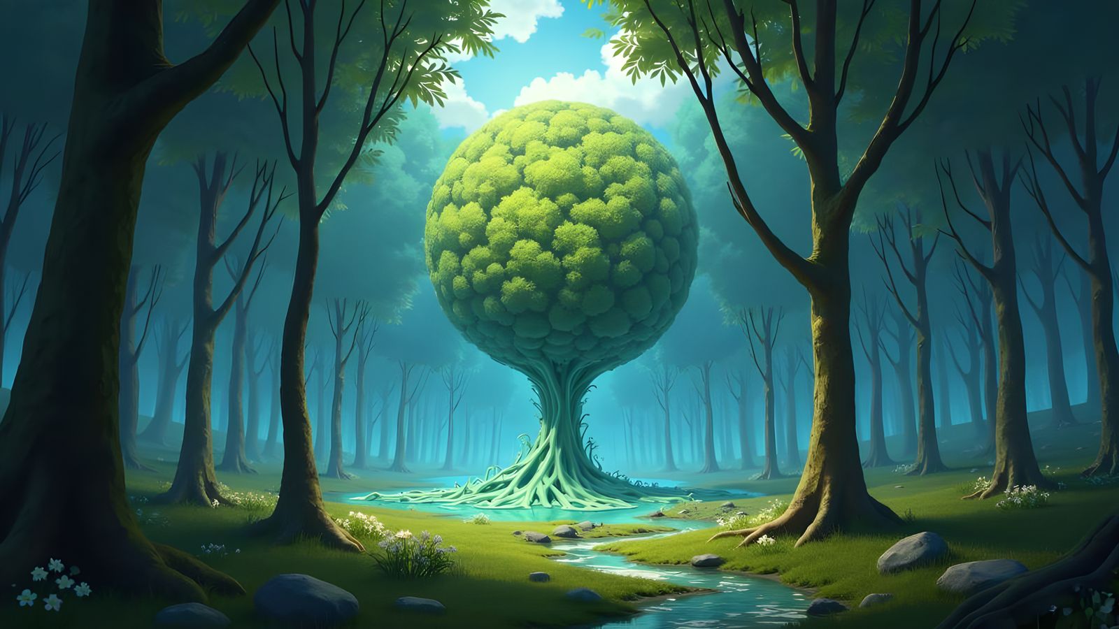 Surreal Melting Earth with Lush Green Trees