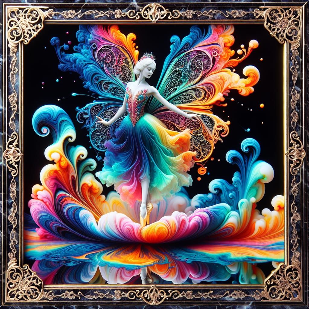 Ebru Art: Luminous Fairy Ballerina on Flower