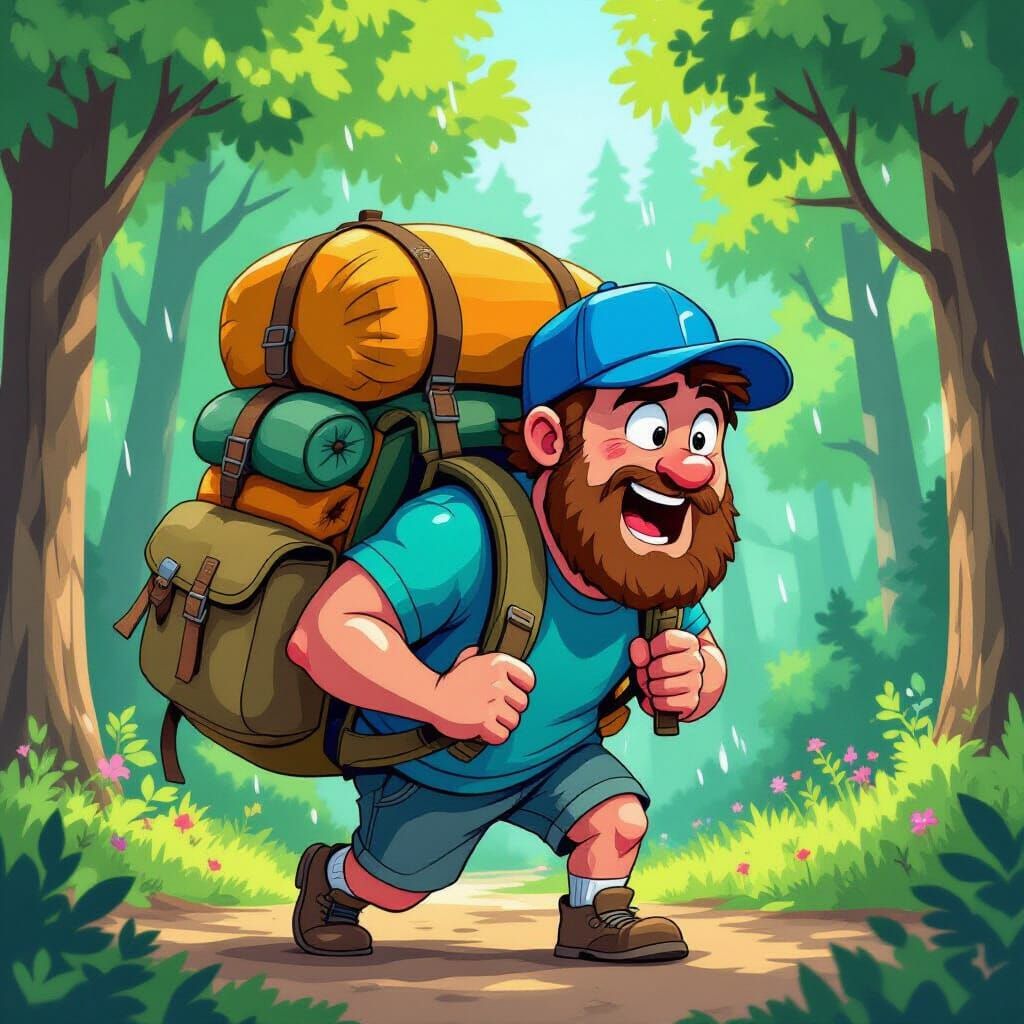Cartoon Hiker Struggles With Oversized Backpack