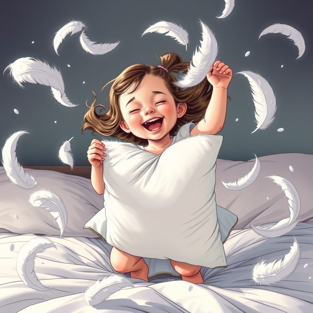 Joyful Pillow Dance in Hyper-Realistic Comic Style