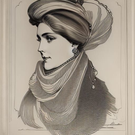 Elegant Woman with Tiara in Gibson Style Sketch